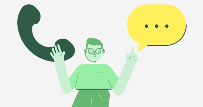 Illustration of a person beside a telephone handset and speech bubble, representing website CTAs that encourage visitors to get in touch.