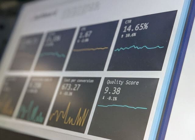 Analytics dashboard displaying website visibility metrics including traffic, click-through rate and performance trends.