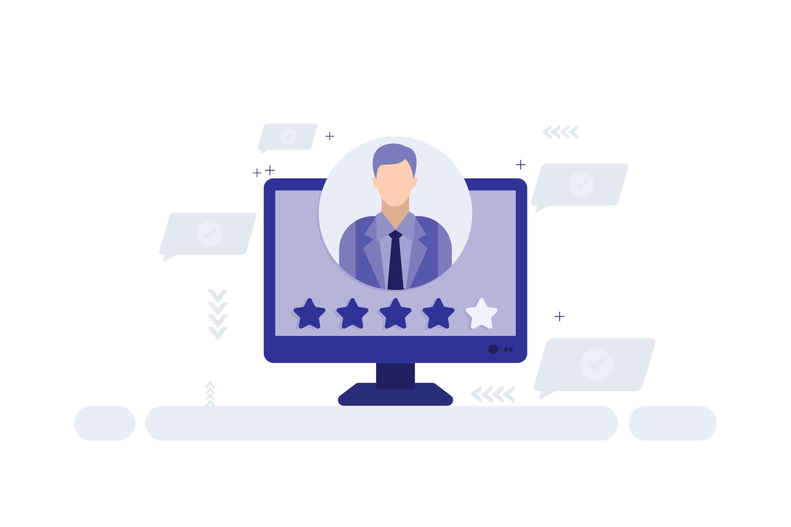 Illustration representing website testimonials with a customer profile, star rating, and feedback messages displayed on a screen.